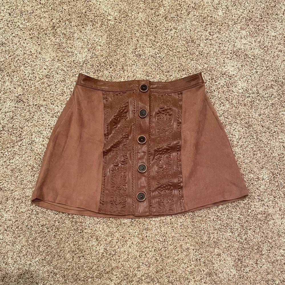Brown Suede & Leather Button Up Skirt